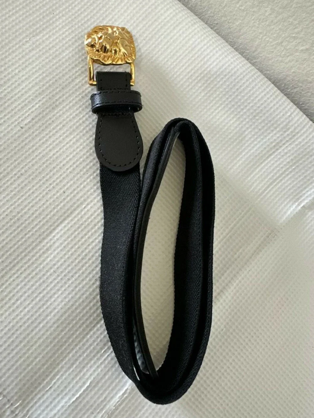 Chic Black Stretch Waist Belt with Gold Lion Statement Buckle Size 35